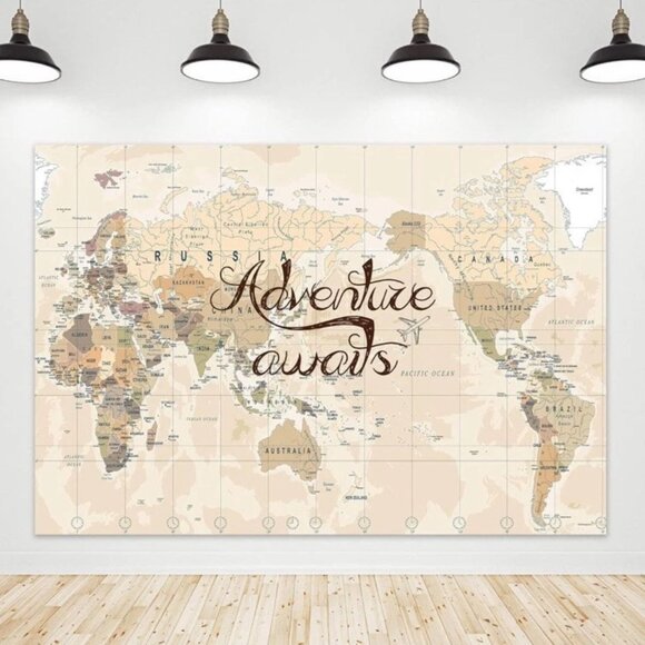 Adventure Awaits Backdrop World Map Photography Fabric Polyester Vintage 7Wx5H - Picture 1 of 1